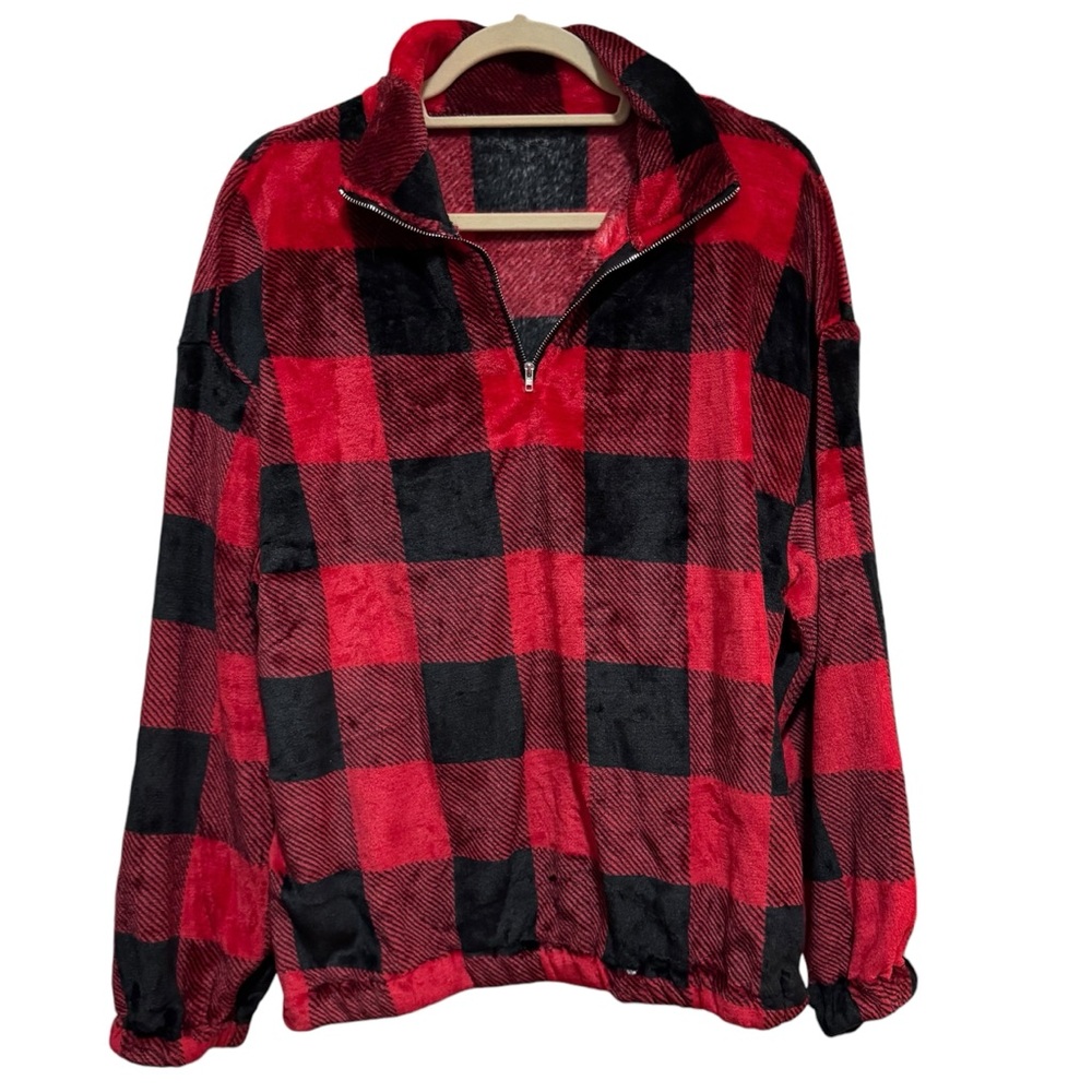 Shein - Sweater; NWOT - Size L - black / red plaid, super soft